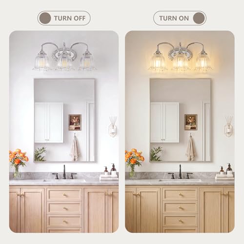 Image of Chrome 3-Light Bathroom Light Fixtures with Floral Glass Shade