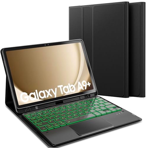 Sackei for Samsung Galaxy Tab A9 Plus A9+ Case with Keyboard 11 inch 7 Color Backlit Magnetically Detachable Keyboard with Touchpad Stain-Resistant PU Flip Tablet Sleeve Cover with Pen Slot Black