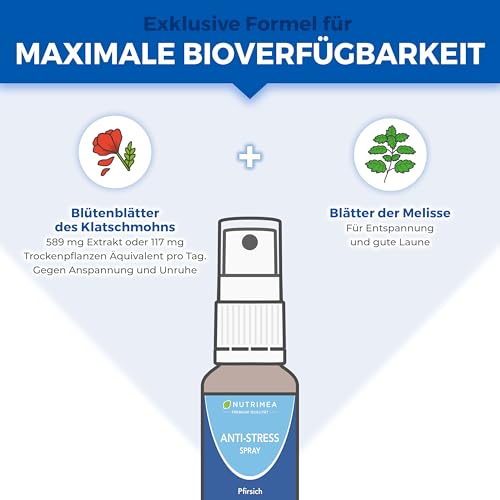 Anti-Stress Spray mit Sofort-Effekt - Gegen Innere Unruhe und Anspannung - Mit Mohnblume + Melisse für die Nerven, 20 ml - Pfirsichgeschmack - Nutrimea