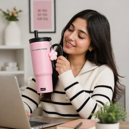 Image of Vasukie Tumbler with Handle & Straw Lid - Leakproof Travel Mug for Hot & Cold Drinks, Reusable Coffee Cup, Cute Pink Design with Charm, Office, Gym & Travel Use
