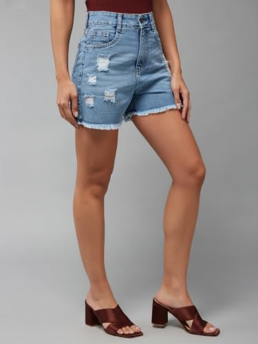 Image of Miss Chase Women's Relaxed Mid Rise Regular Non Stretchable Denim Shorts