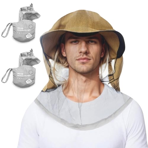 Benvo Mosquito Head Net Mesh One Piece Face Neck Fly Netting Cover from Bugs Gnats Noseeums Hat-Compatible Insect Shield for Fishing, Camping, Gardening (2pcs, Grey, Upgraded Big Net)