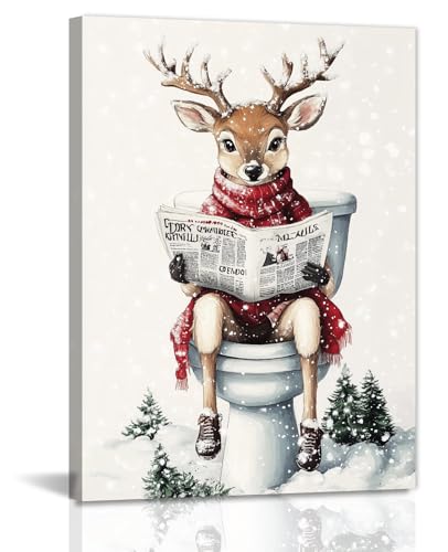 GLOKAKA Christmas Reindeer Canvas Wall Art Deer Reading Newspaper Painting