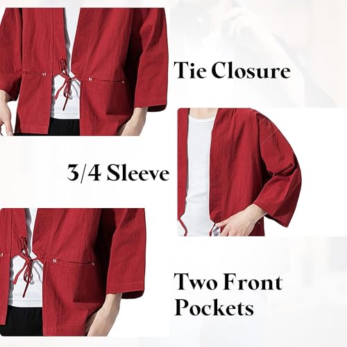 Image of Haseil Men's Kimono Cardigan Japanese Jackets Casual Cotton 3 /4 Sleeve Shirt Open Front Coat Lightweight Linen Outwear