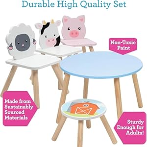 Kids Wooden Animal Table & Chair Set w 4 Seats- Cow Pig Sheep Plus Adult Stool for Arts Crafts, Dining, Pretend Play- Durable Playroom Furniture for Home, Daycare Classroom- Toddler Children Gift Kids Wooden Animal Table Chair Set w 4 Seats Cow Pig Sheep Plus Adult Stool for Arts Crafts Dining Pretend Play Durable Playroom Furniture for Home Daycare Classroom Toddler Children Gift