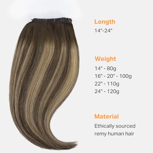 Image of DOORES Beaded Weft Hair Extensions 24 Inch Balayage Chocolate Brown to Caramel Blonde 120g Thick Human Hair Beaded Weft Extensions for Women