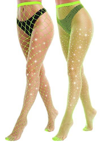 VEBZIN 2 Pack Sparkly Large And Medium Mesh Green Fishnet Tights Glitter Rhinestone Fishnets Leggings Stockings for Women