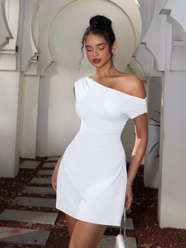 Image of LAGSHIAN Womens Off Shoulder Sleeveless Ruched Flare Mini Dress | Sexy,Summer,Slim Fit,Stretch,Trendy,Double Layer,A-line,Cocktail Party,Club,Night Out,Date,Asymmetrical Shoulder