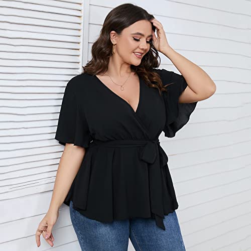 SCOMCHIC Women's Plus Size Short Sleeve V Neck Wrap Belted Ruffle Peplum Blouse Tops3