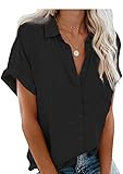 OMZIN Women V-Neck Bottom Down Shirts with Pockets Casual Loose Short Sleeve Blouses BLK L