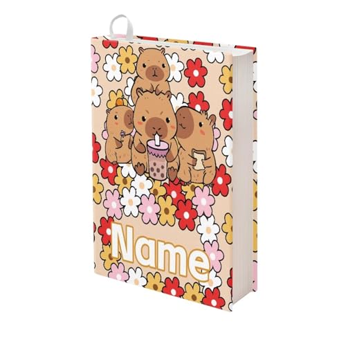Tuoxiukan Custom Floral Capybara Book Sleeve Cover for Paperback Persomalized Name Cute Washable Fabric Elastic Surface Hardcover Book Cover with Bookmark Belt