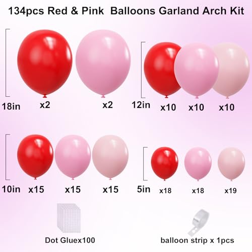Image of YMSZ Red and Pink Balloons Arch Kit, Valentines Balloons Arch,134pcs Pink and Red Balloon for Birthday, Valentines, Anniversary Party Decorations
