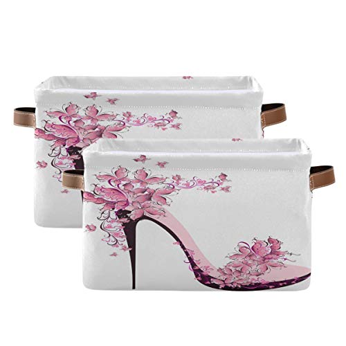 Storage Basket Cube Pink Butterfly High Heel Large Collapsible Toys Storage Box Bin Laundry Organizer for Closet Shelf Nursery Kids Bedroom,15x11x9.5 in,2 Pack