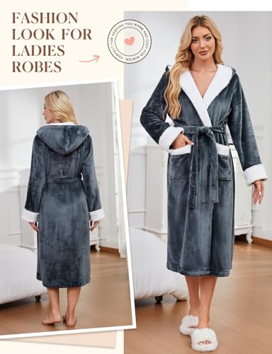 Niwicee Albornoz Mujer Invierno Bata Polar Larga Albornoz con Capucha Suave Bata de Casa Señora Ropa De Dormir con Cinturón Bolsillos(Gris,M) - imagen 4