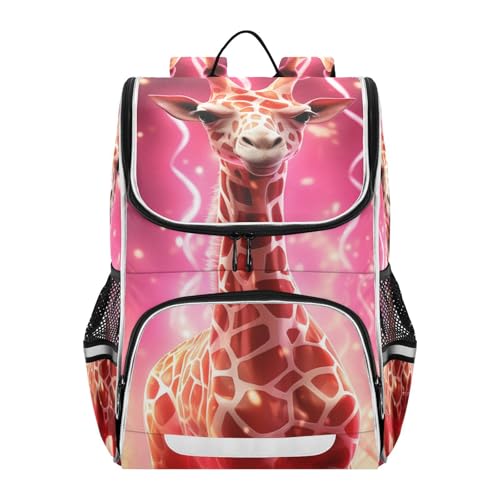 Mochila escolar reflectante con diseño de jirafa rosa y tirantes cómodos