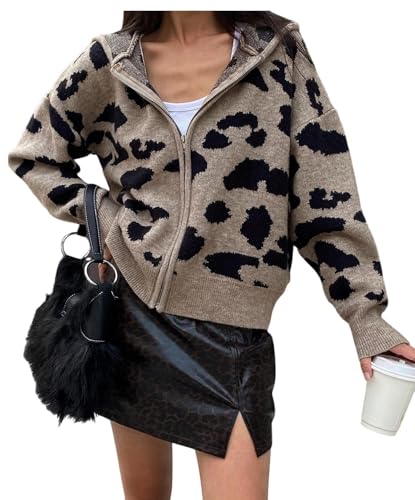 Image of SOLY HUX Zip Up Cardigan for Women Hooded Cardigan Sweater Knitted Drop Shoulder Fall Clothes Winter Hoodies Outerwear