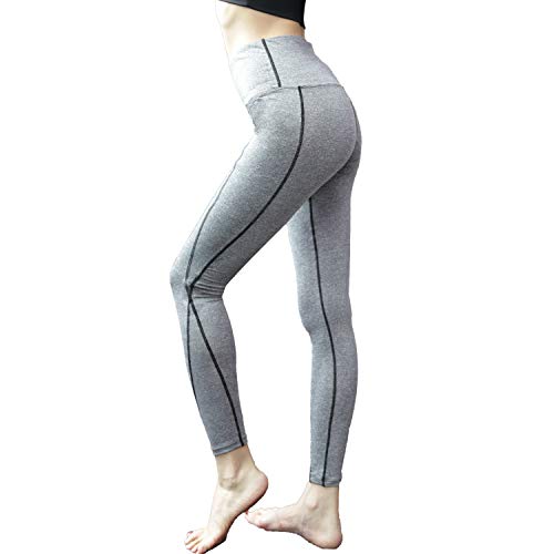 SUPSOO Mallas Deportivas para Mujer, Pantalones de Yoga de Cintura Alta, Leggings elásticos para Yoga, Correr y Tipo de Fitness - Gris - Large