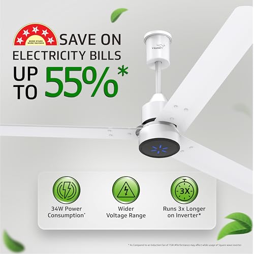 Image of V Guard Zenair Pro BLDC Ceiling Fan 1200 mm | BEE 5-Star Energy Saving | High-Speed BLDC Motor (370 RPM) | Remote Control with 6 Speeds | UI LED speed indicator | 2-Year Warranty | White