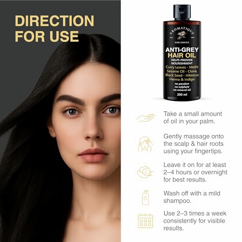 Aromatique Anti Grey Hair Oil | Herbal Blend with Coconut, Black Seed, Castor, Argan, Apricot, Almond, Grapeseed, Jojoba, Sesame, Henna, Indigo, Amla, Methi, Curry Leaves & Hibiscus | Nourishing Natural Hair Oil for Men & Women | 200ml