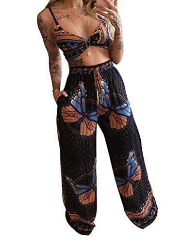 Minetom Zweiteiler Damen Boho Sommer 2 Teiler Crop Top und Hose Yoga Druck...