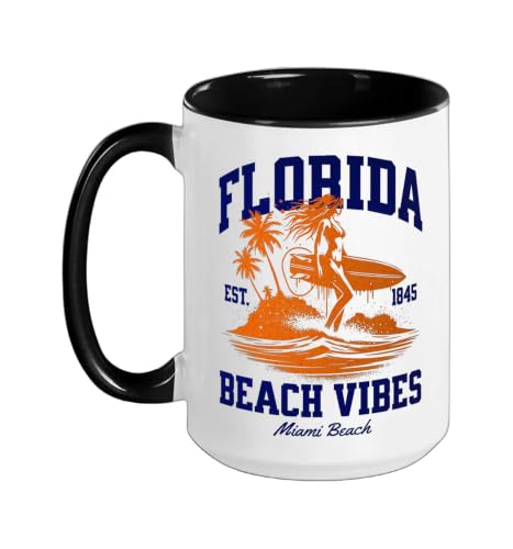 Miami Beach, Florida FL Vacation Souvenir Beach Ceramic Mug, Black/White, 15oz