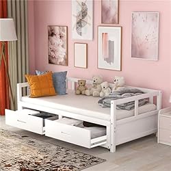 Sofá cama nido cama plana con dos cajones y barandilla, 90/180 x 200 cm, somier de láminas de pino para adultos y adolescentes, cama de invitados (blanco)