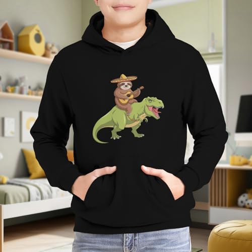Kids Funny Mexican Sloth Riding T-Rex Dinosaur Boys Girls Lightweight Kangaroo Pocket Fleece Hoodies 6