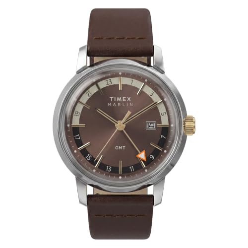 Montre Marlin GMT Timex homme 40 mm bracelet cuir marron et boîtier acier argenté