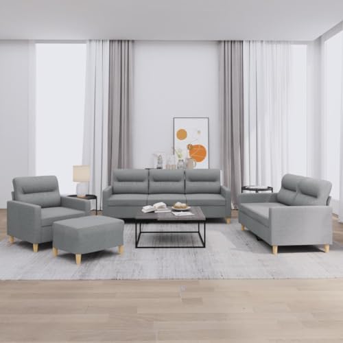 vidaXL Sofagarnitur 4-TLG., Sessel Couch mit Kissen Fußhocker, Sofa Wohnzimmersofa mit Armlehnen, Couchgarnitur Designsofa Sitzmöbel Polstermöbel, Hellgrau Stoff – Bild 3