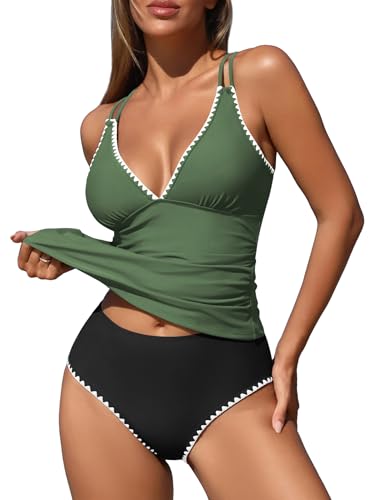 Image of ZAFUL Womens Tankini Swimsuits V Neck Push Up Swim Top Color Block Tummy Control High Waisted Bathing Suits Swim Bottom