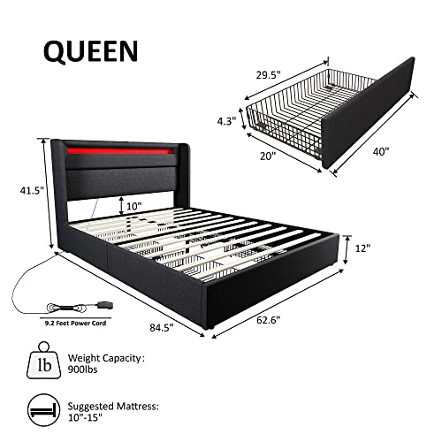 AMERLIFE-Queen-Bed-Frame-with-RGBW-LED-Lights-Headboard-4-Storage-Drawers-Upholstered-Smart-Platform-Bed-with-USB-USB-C-Ports-Box-Spring-Optional-Dark-Grey