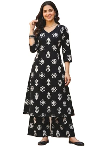 Image of CREATION & YOU Women Cotton Printed Kurta with Palazzo Set | Work /Office Wear Kurta Set for Women