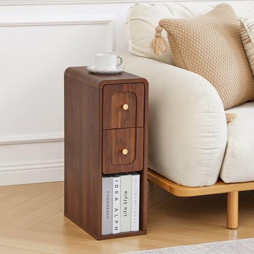 MAHYIZYI Narrow Nightstand with 2 Drawers Small Bedside Tables Mid-Century Modern Slim Night Stand with Storage Wooden End Table for Small Spaces Bedroom Living Room (Walnut-1PCS)