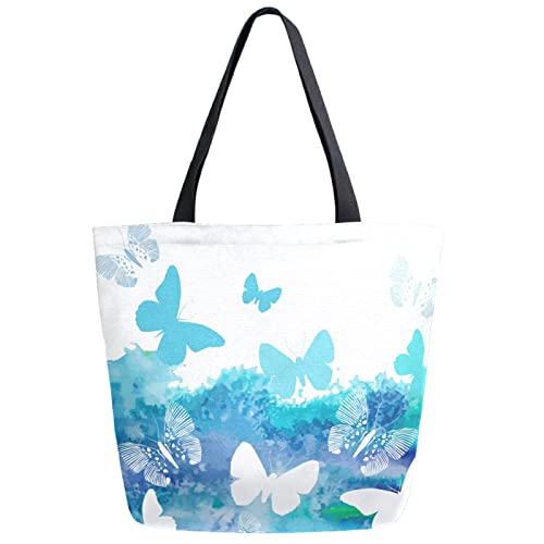 Blue White Art Butterfly Extra Large Canvas Shoulder Tote Storage Top Handle Bag for School Gym Weekender Beach Travel Reusable 