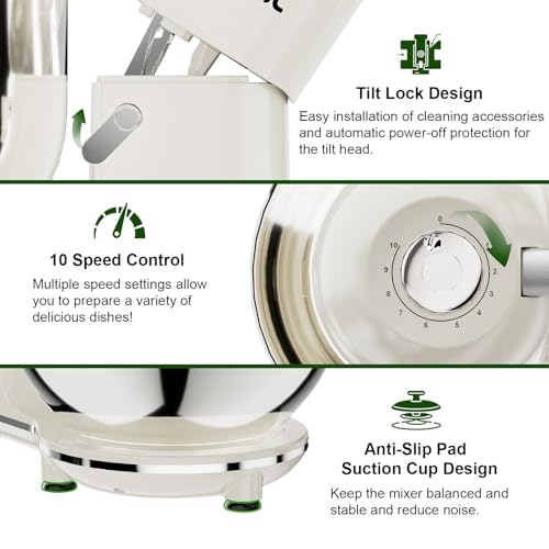 Camic Electric Stand Mixer,7.45 QT,10 Speeds with Dough Hook,Whisk, Flat Beater Attachments, Splash Guard, Easy-Carry Top Handle,3-IN-1 Kitchen Mixer for Baking Cakes Cookie Bread Salad (White) - Image 6