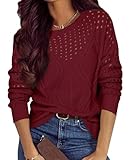 Burgundy Sweater for Woman Fall 2024 Chunky Knit Pullover Cable Knit Tunic Tops Ladies Lightweight Sweaters Casual Long Sleeve V Neck Crochet Sweater Tops Pullover Jumper Fall Clothes Burgundy M