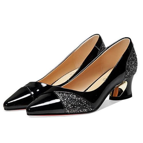 AngryMonkey Women's Pointed Toe Kitten Low Block Heel Pumps Shoes Sexy with Rhinestones Glitter Patent Leather Closed Slip On Bridal Dress Wedding Shoe