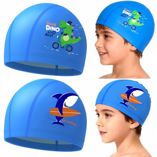2-Pack Swimming Cap Kids Swim Cap Kids Long Hair and Short Hair Cartoon Dinosaurs Sharks Kid SwimCap Waterproof Bonnet De Bain for Kid Kid Swimming Caps for Aged 3 4 5 6 7 8 9 10 11 12 Boys Teens