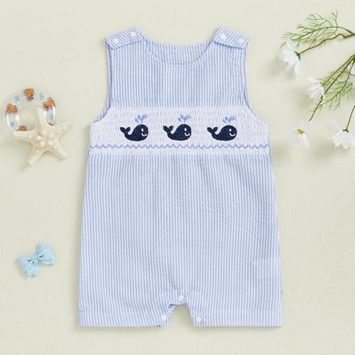 Newborn Baby Boys Sleeveless Seersucker Romper One Piece Straps Overalls Striped Jumpsuit Summer Smocked Clothes2