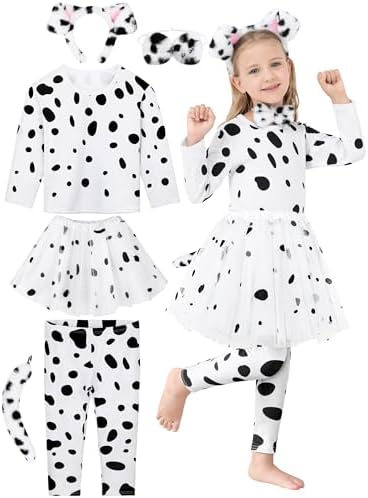 FancyFun 100 Days of School Dalmatians Costume Kids, Girl Cotton Costume Dalmatians Dog Outfit Set T-Shirt Tutu Leggings