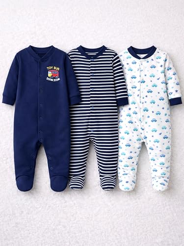 Image of Kidbee Baby Boys & Girls Full Sleeves Cotton Footed Romper Sleepsuit Pack of 3