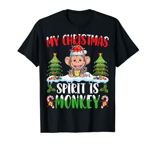 Monkey Xmas Lights Santa Hat Christmas Spirit Monkey Camiseta