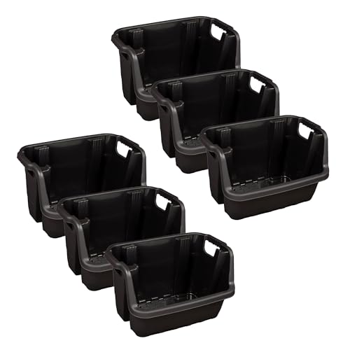Pluto Packaging Black Heavy Duty Strong Plastic Pack Of 6 Open Fronted Warehouse Order Picking Storage Stacking Crates