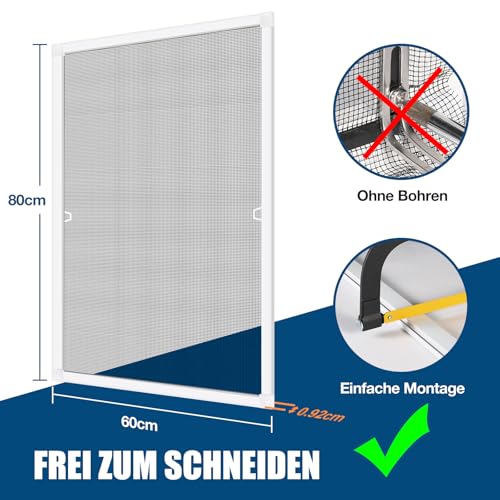MYCARBON Fliegengitter Fenster mit Rahmen, 60x80cm, Alurahmen, zuschneidbar, ohne Bohren, einfache Montage, Insektenschutz Fenster