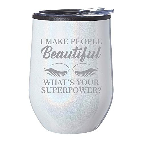 Stemless Wine Tumbler Coffee Travel Mug Glass With Lid I Make People Beautiful What's Your Superpower Lash Makeup Artist Esthetician (White Iridescent Glitter) -  MIP Brand