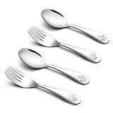 Kinderbesteck Set, Onader 4-teilig Edelstahl Kinder Besteck Set mit Gravur, Kleiner Besteckset Kindergeschirr mit 2 x kindergabel und 2 x Kinderlöffel für Kleinkind, Gesund & Spülmaschinenfest