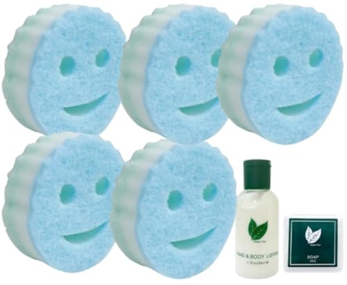 'BoutiqueBF Kitchen Dish Washing Up Srcub Sponges, Smiley Face Design, 5-Pack with Green Tea Hand Cream or Soap (blue and white)