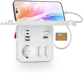 PD20W Wielokrotne Gniazdo z Przełącznikiem,Listwa Zasilająca Scienna z Szybkim ładowaniem PD3.0 20W i QC3.0 18W,3 gniazdami 6 USB ładowarkami,Adapter Gniazda Wtykowego typu C z Wyjmowaną Półką,Białe