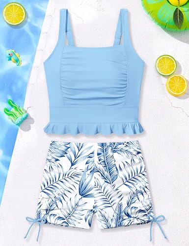Image of Girls Swimsuit Two Piece Bathing Suit Ruffle Trim Swimsuits for Girls Tankini with Drawstring Shorts Swimwear 9-18Y
