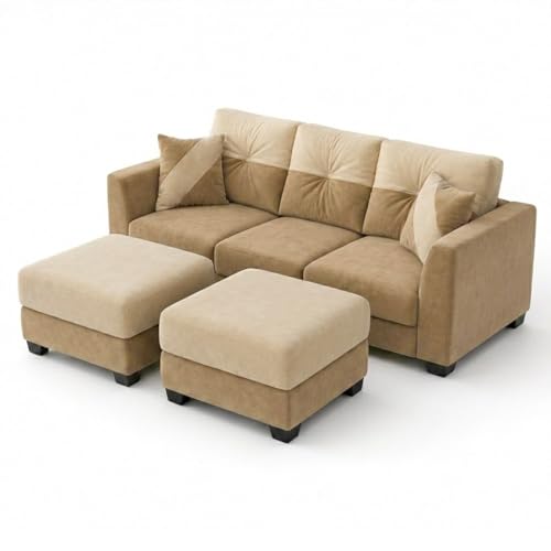 Image of Revola 5 Seater L Shape Sofa Set with 2 Movable Ottomans | Flexible Layout | Luxury Velvet Suede Fabric | Modern Living Room Sofa | Beige-Cream